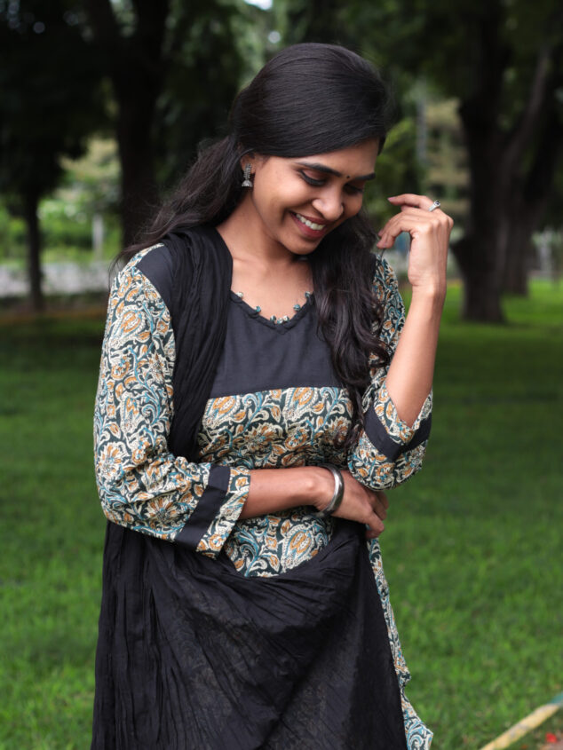 Kaavya -  kalamkari printed organic cotton suit in black with crushed cotton black dupatta