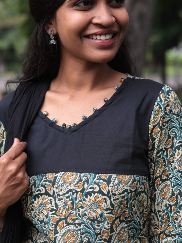 Kaavya -  kalamkari printed organic cotton suit in black with crushed cotton black dupatta
