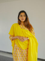 Anoushka - floral hand block printed cotton kurta set with kota dupatta in yellow and pink
