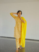 Anoushka - floral hand block printed cotton kurta set with kota dupatta in yellow and pink