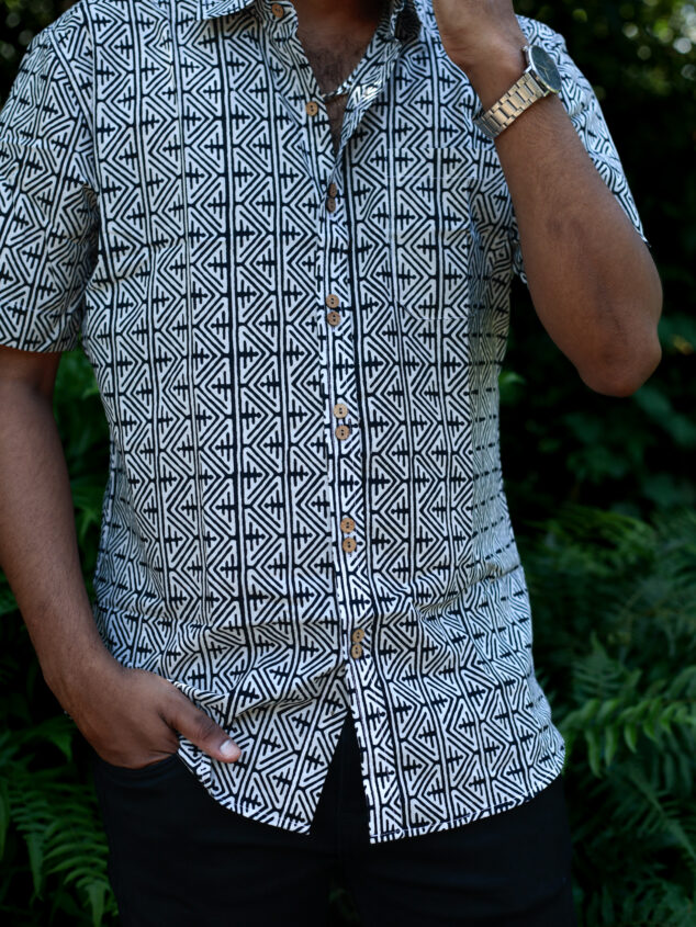 shirt - 19 -  handblock abstract printed  organic cotton shirt in black and white