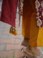 Eesha - katha embroidered cotton kurta set in wine and yellow with kota dupatta with tassels