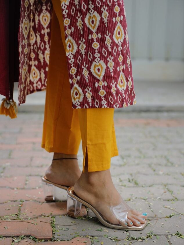 Eesha - katha embroidered cotton kurta set in wine and yellow with kota dupatta with tassels
