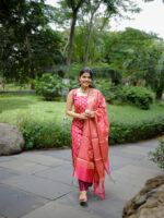 Sushmi - luxurious chanderi brocade 3pc silk suit set in rani pink
