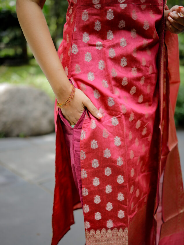 Sushmi - luxurious chanderi brocade 3pc silk suit set in rani pink
