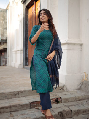 Mridhini -  handloom cotton suit set with kota silk zari dupatta in green and navy blue