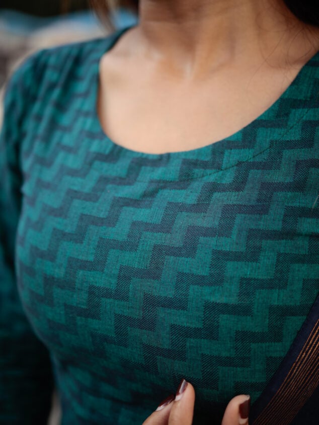Mridhini -  handloom cotton suit set with kota silk zari dupatta in green and navy blue