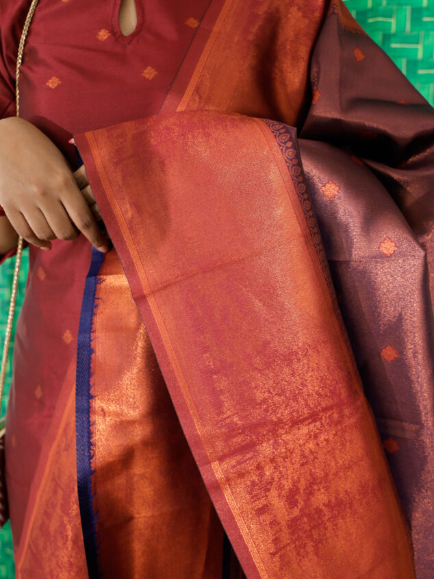 Nakshathra -  semi kanchi  3 pc vegan silk suit set Red