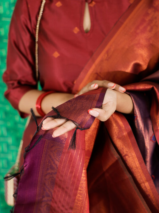 Nakshathra -  semi kanchi  3 pc vegan silk suit set Red