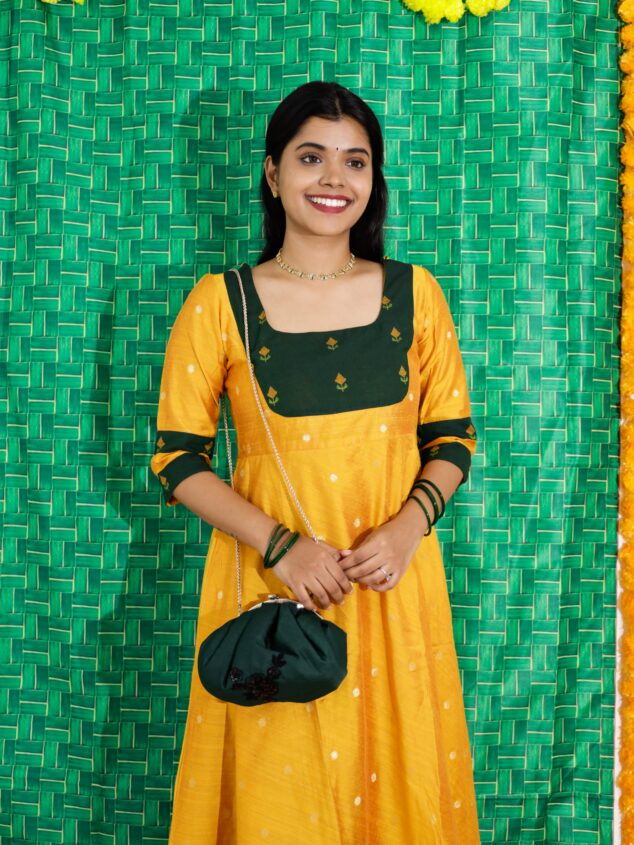Ishwarya - handloom silk cotton gown in yellow and green