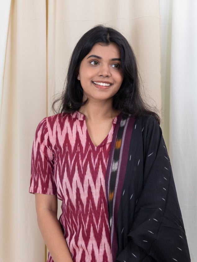 Pranathi - handloom pochampally ikkat cotton suit set in maroon and black with matching dupatta
