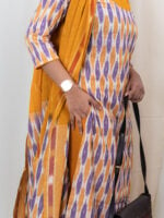 Dyuthi - handloom pochampally ikkat cotton suit set in yellow and purple with matching dupatta