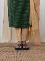 Yaazhini - Handloom cotton suit set with kota zari dupatta in dark green and cream
