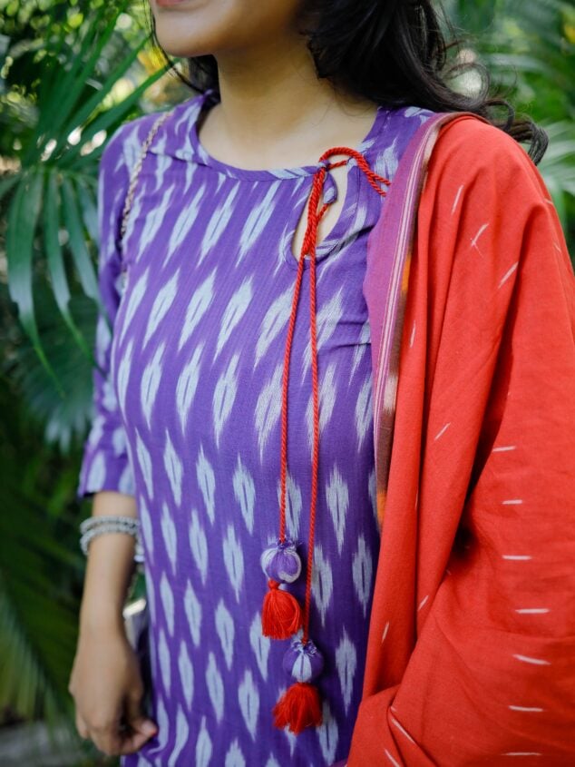 Samrithi - handloom pochampally ikkat cotton suit set in purple and red with matching dupatta