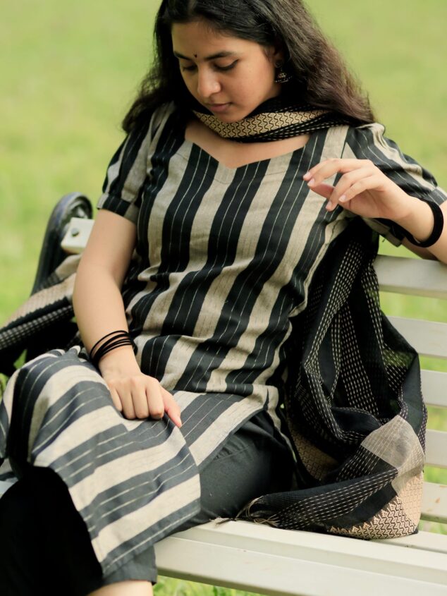 Margazhi (black) - handloom cotton silk suit set with dupatta in black