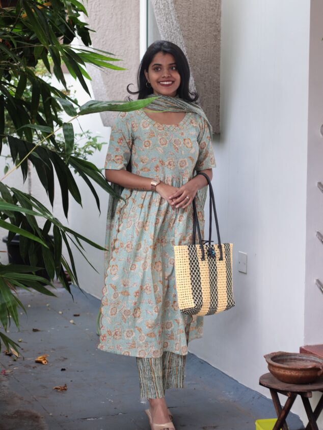 Matilda - floral motifs hand block printed cotton suit set in pastel green and brown with matching dupatta