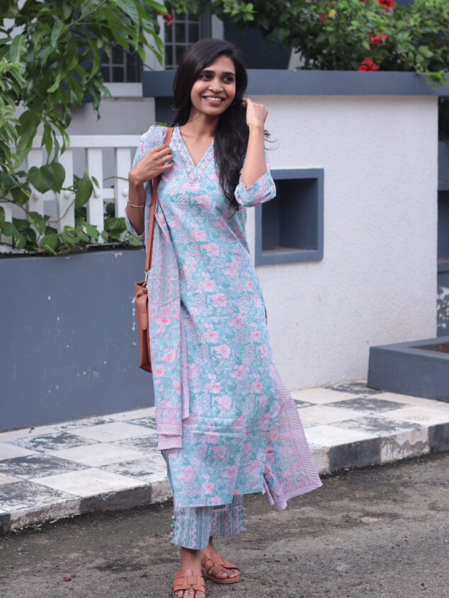 Sadvika - hand painted organic cotton suit in  pastel green and pink with matching dupatta