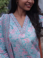 Sadvika - hand painted organic cotton suit in  pastel green and pink with matching dupatta