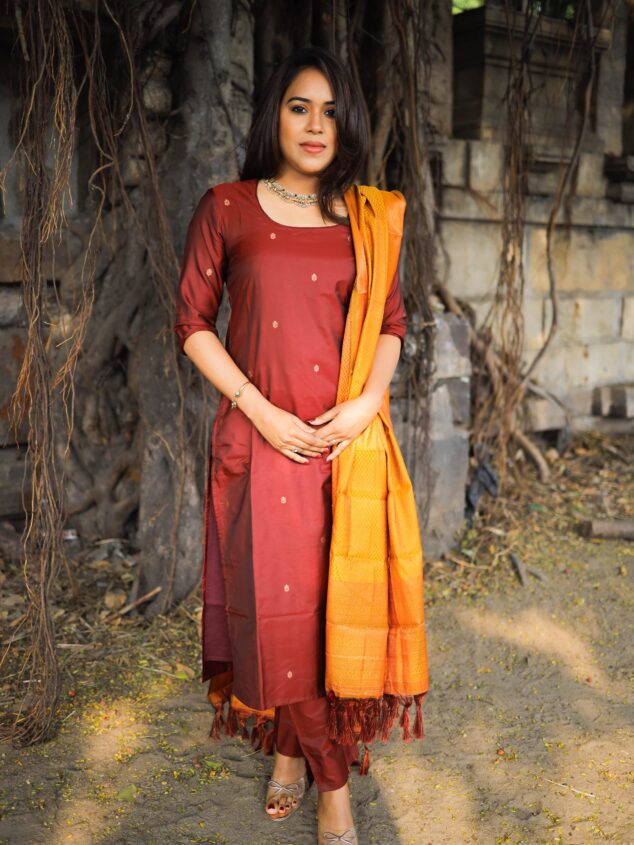 Joshitha-semi kanchi 3 pc vegan silk suit set maroon