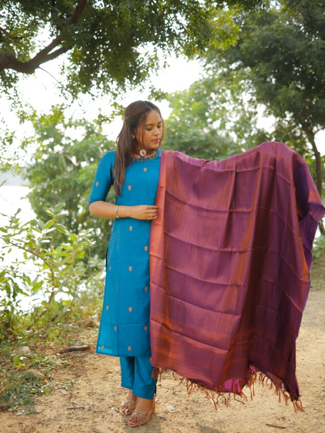 Amrytha - semi kanchi 3 pc vegan silk suit set Rama blue