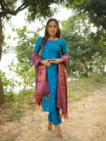 Amrytha - semi kanchi 3 pc vegan silk suit set Rama blue