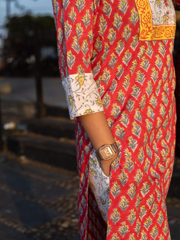 Mitali - floral motifs hand block printed cotton suit  set in red and white with matching dupatta with tassels