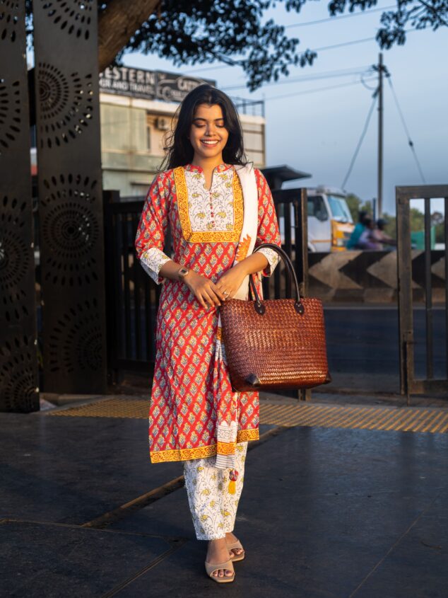 Mitali - floral motifs hand block printed cotton suit  set in red and white with matching dupatta with tassels