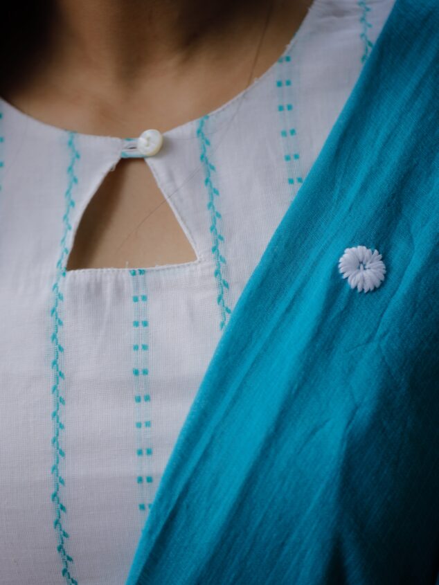 Sahithi - Handloom cotton suit set with kota dupatta in white and blue