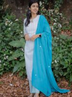 Sahithi - Handloom cotton suit set with kota dupatta in white and blue