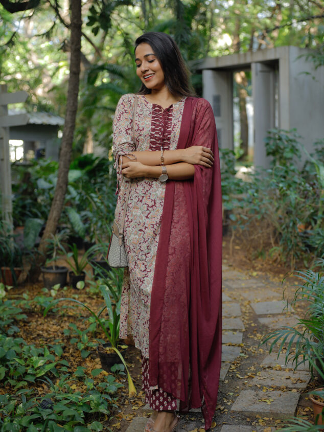 Joshikaa - royal shade of maroon jaal printed cotton suit set with chiffon dupatta
