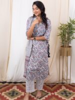 Tharuna - Jaipuri cotton marble printed suit set in peach and blue with matching dupatta