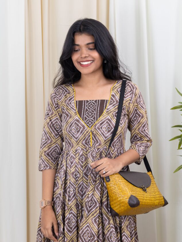 Aparna - Jaipuri cotton  bandhani printed suit set in brown and yellow