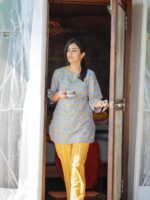 Floral hand block printed night suit in blue & yellow