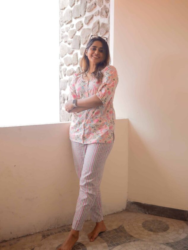 Floral hand block printed night suit in pastel shade