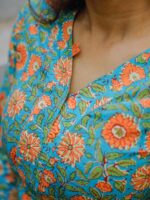 Pattern kurti 9 - Blue & orange organic cotton floral hand block printed kurta