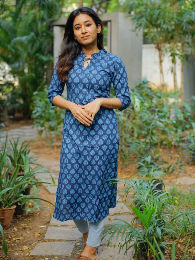Pattern kurti 11 - Indigo blue organic cotton butta hand block printed kurta