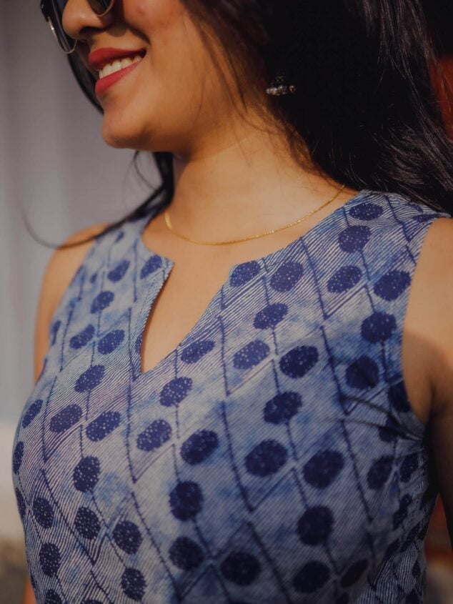 Taara (indigo)- Indigo abstract hand block printed halter neck organic cotton kurta set