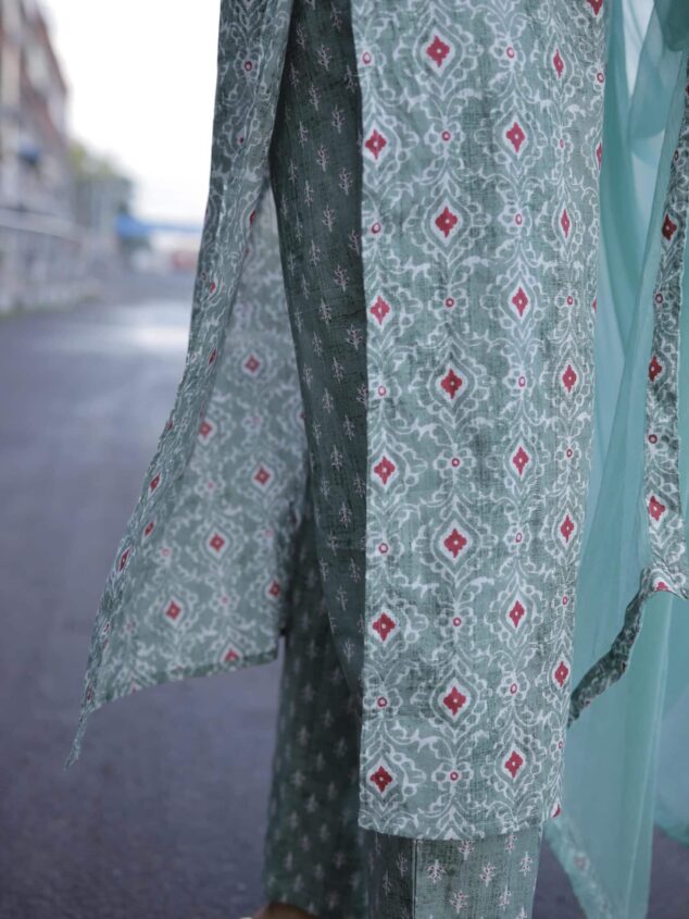 Sitalika - pastel green dabu handblock printed cotton suit set with chiffon dupatta