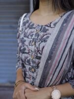 Sagarika - cement grey floral hand block printed cotton suit set with matching dupatta
