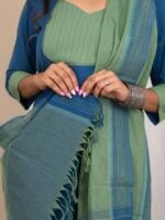 Charanya - Handloom cotton suit set in blue and green with handloom cotton dupatta