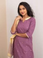 Punya - Handloom cotton suit set in purple and sandal yellow with handloom cotton dupatta