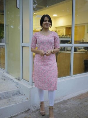 Kurti 55 - floral hand block printed kurti in pink & white